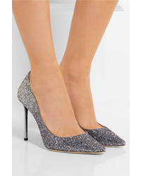 Jimmy Choo Romy 100 Glittered Leather Pumps Silver