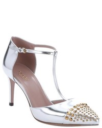 Gucci Silver Metallic Leather T Strap Studded Toe Pumps