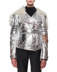Proenza Schouler Metallic Leather Shearling Moto Jacket Silver