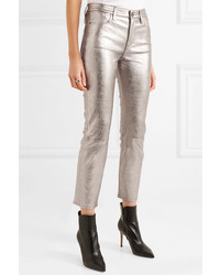 Frame Cropped Metallic Stretch Leather High Rise Straight Leg Pants