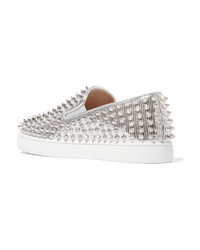 Christian Louboutin Roller Boat Spiked Metallic Textured Leather Slip On Sneakers