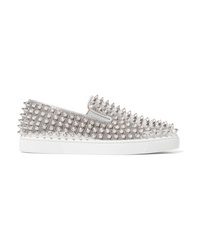 Christian Louboutin Roller Boat Spiked Metallic Textured Leather Slip On Sneakers