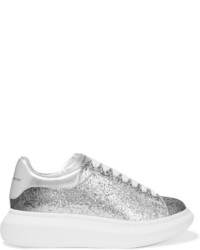 Alexander McQueen Dgrad Glittered Leather Exaggerated Sole Sneakers Silver