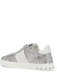 Valentino Garavani Fly Crew Studded Glittered Leather Sneakers Silver