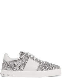 Valentino Garavani Fly Crew Studded Glittered Leather Sneakers Silver
