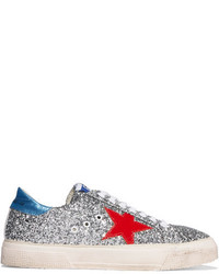 Golden Goose Deluxe Brand May Glittered Leather Sneakers Silver