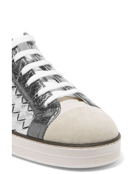 Bottega Veneta Suede Trimmed Metallic Textured And Intrecciato Leather Sneakers Silver