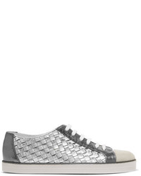Bottega Veneta Suede Trimmed Metallic Textured And Intrecciato Leather Sneakers Silver