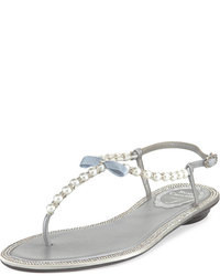 Rene Caovilla Pearly Crystal Flat Thong Sandal Silver