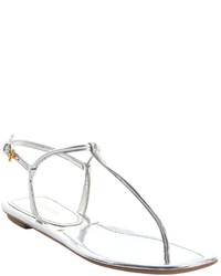 Prada Silver Leather Thong Ankle Strap Sandals