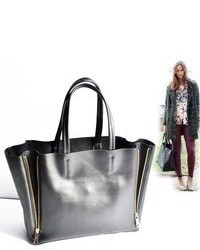 Cet Domain Silver Zippered Leather Tote