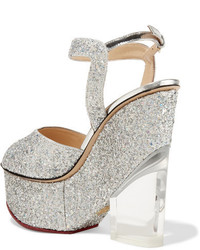 Charlotte Olympia Leandra Glittered Leather And Perspex Wedge Sandals Silver
