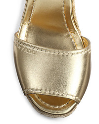 Prada Leather Metallic Leather Espadrille Wedge Sandals