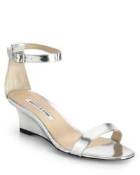 Manolo Blahnik Metallic Leather Ankle Strap Wedge Sandals