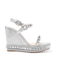 Christian Louboutin Pyraclou 110 Spiked Metallic Textured Leather Wedge Sandals