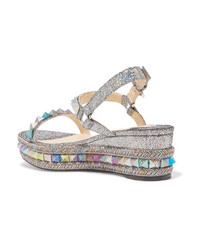 Christian Louboutin Pyraclou 60 Spiked Metallic Cracked Leather Wedge Sandals