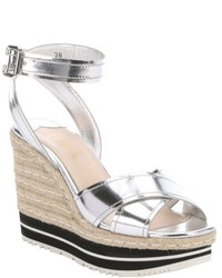 Prada Silver Leather Ankle Strap Wedge Sandals