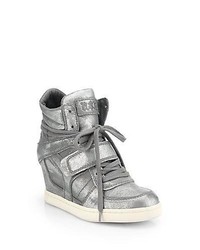 Ash Cool Metallic Leather Wedge Sneakers Silver Gunmetal