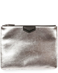 Givenchy Metallic Leather Zip Top Pouch Silver