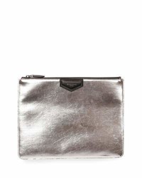 Givenchy Metallic Leather Zip Top Pouch Silver