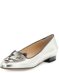 Charlotte Olympia Kiss Me Kitty Metallic Loafer Silver