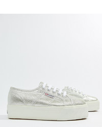 Superga 2790 Metallic Lame Flatform Trainers In Silver