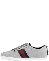 Gucci Bambi Web Low Top Sneakers With Stud Detail Silver