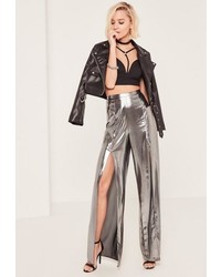 Missguided Silver Metallic Split Front Palazzo Pants