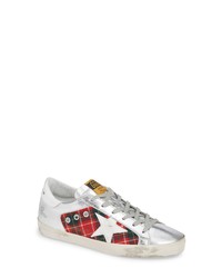 Silver Plaid Leather Low Top Sneakers