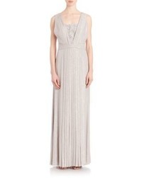 Silver Pleated Beaded Evening Dress