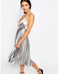Silver Pleated Midi Dress