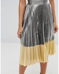 Asos Sheer And Solid Metallic Pleated Midi Dress