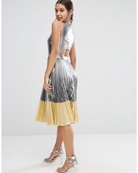 Asos Sheer And Solid Metallic Pleated Midi Dress