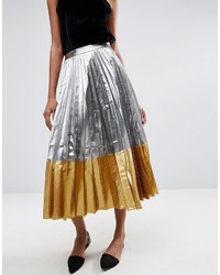 Asos Tall Asos Tall Pleated Midi Skirt In Metallic With Contrast Hem