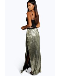 Boohoo Boutique Elle Metallic Pleated Split Maxi Skirt