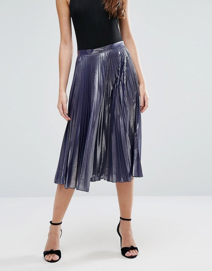 Warehouse metallic pleated midi skirt black sale