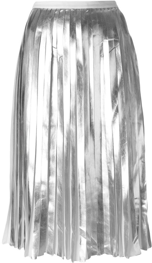 Calvin Klein Women's Pleated Metallic Midi Skirt (Silver, Small)