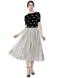 Silver Pleated Sequin Skirt