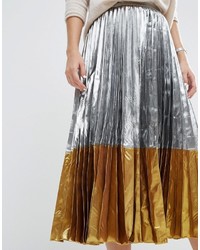 Asos Pleated Midi Skirt In Metallic With Contrast Hem