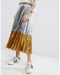 Asos Pleated Midi Skirt In Metallic With Contrast Hem