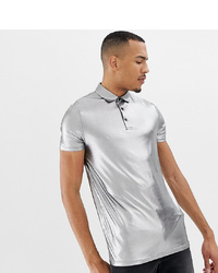 ASOS DESIGN Tall Polo Shirt In Drapey Metallic In Sliver