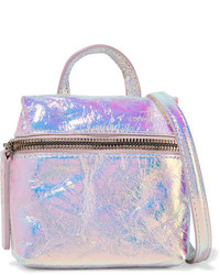Kara Satchel Micro Holographic Crinkled Leather Shoulder Bag Silver