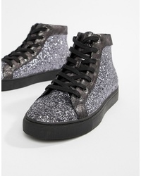 Silver Print Leather High Top Sneakers 