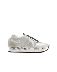 Silver Print Leather Low Top Sneakers