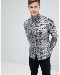 Twisted Tailor Skinny Fit Shirt In Silver Foil Print