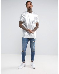 Asos Longline T Shirt With Brooklyn Print In Silver Foil