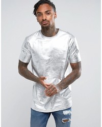 Asos Longline T Shirt With Brooklyn Print In Silver Foil