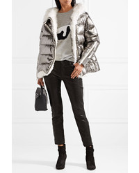 Moncler Lirio Shearling Trimmed Metallic Coated Cotton Down Coat Silver