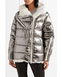 Moncler Lirio Shearling Trimmed Metallic Coated Cotton Down Coat Silver