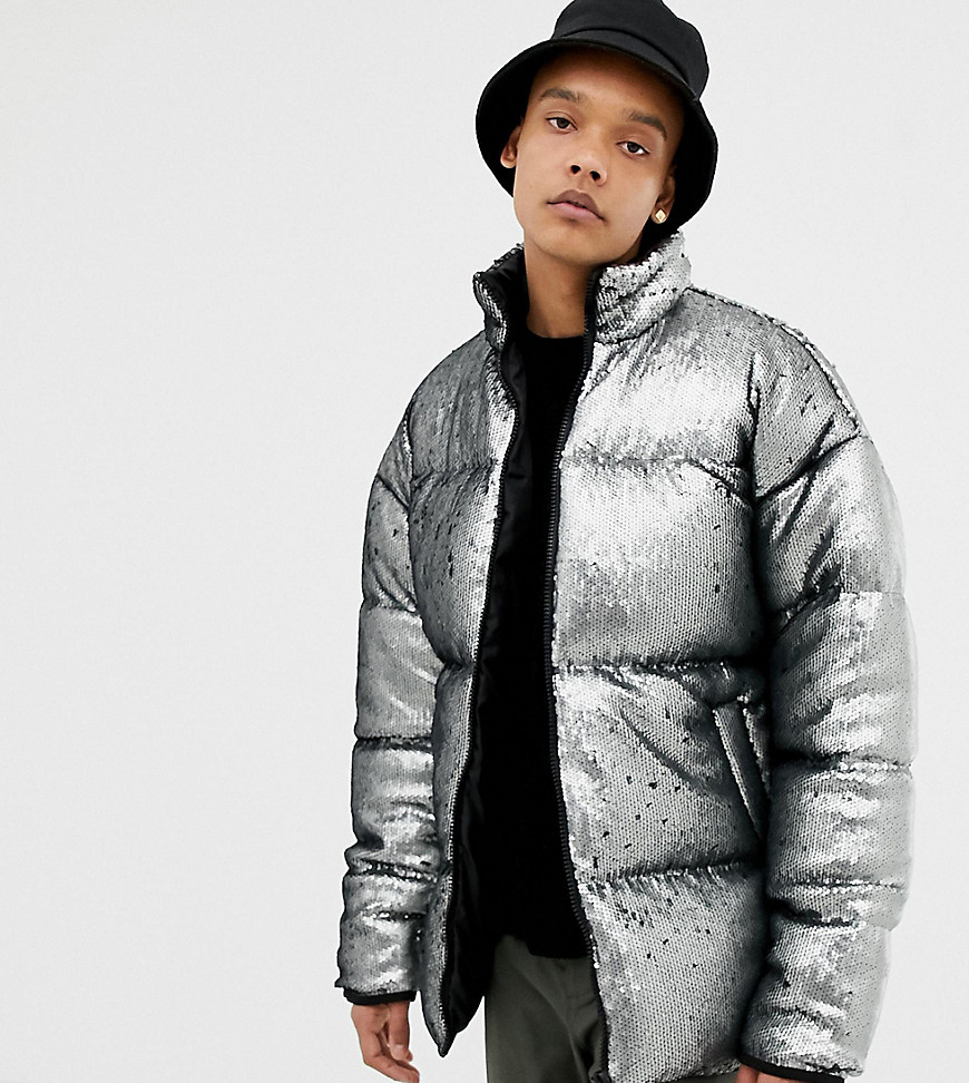 ASOS DESIGN Tall Oversized Sequin Puffer Jacket In Silver, $21, Asos